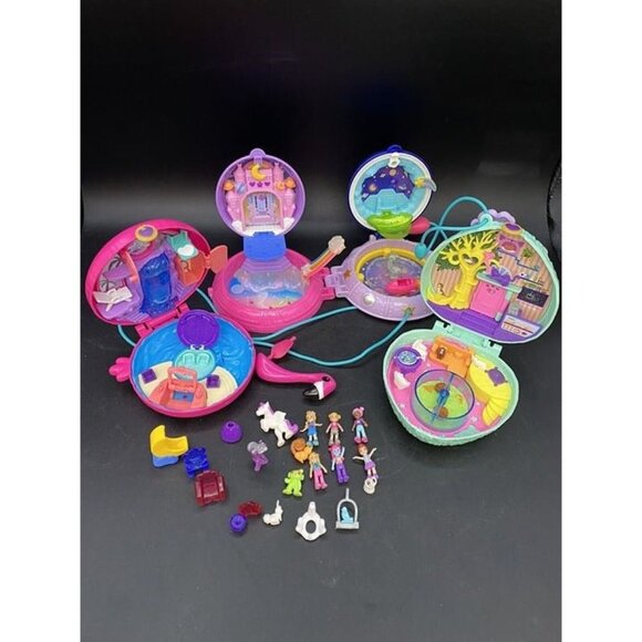 Polly Pocket Lot 3 Compacts Space UFO Compact Flamingo Hedgehog Cafe 20+ Parts - Picture 1 of 12